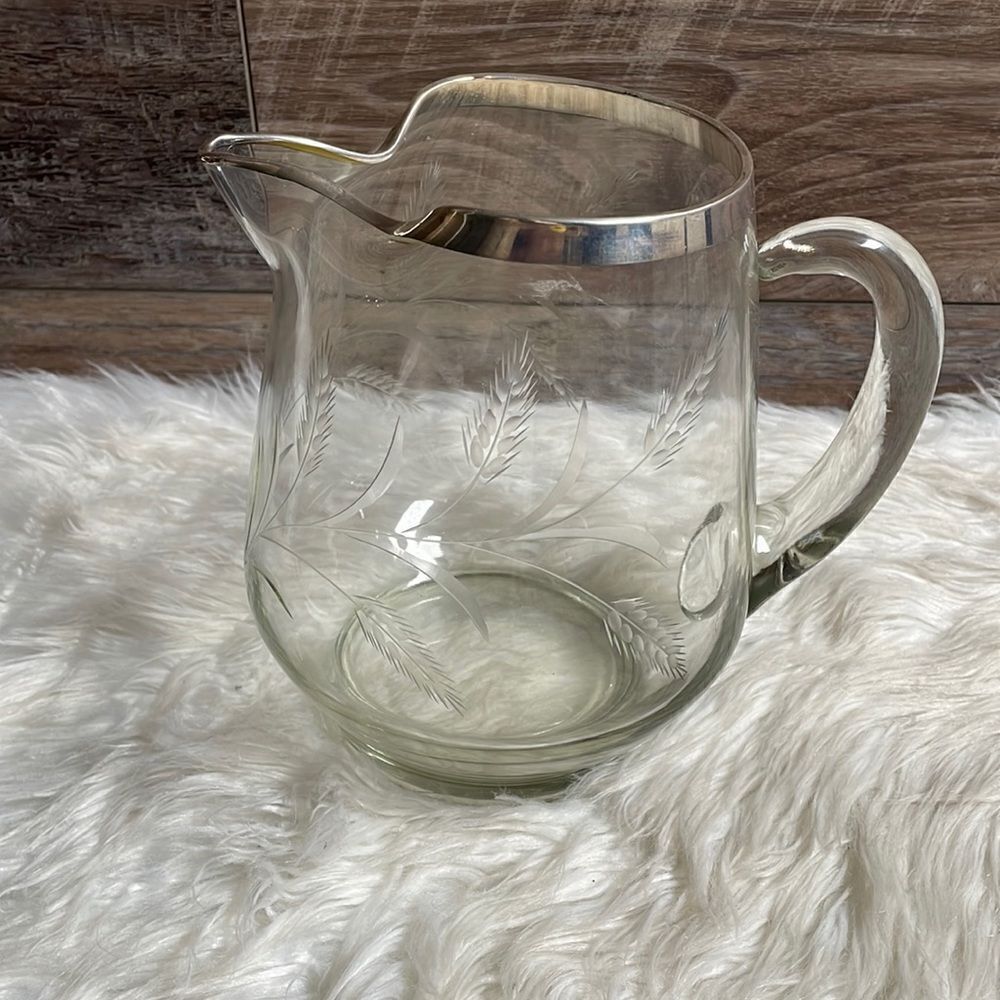 Etched Glass Pitcher with Silver Rim, Glass Handle , Large